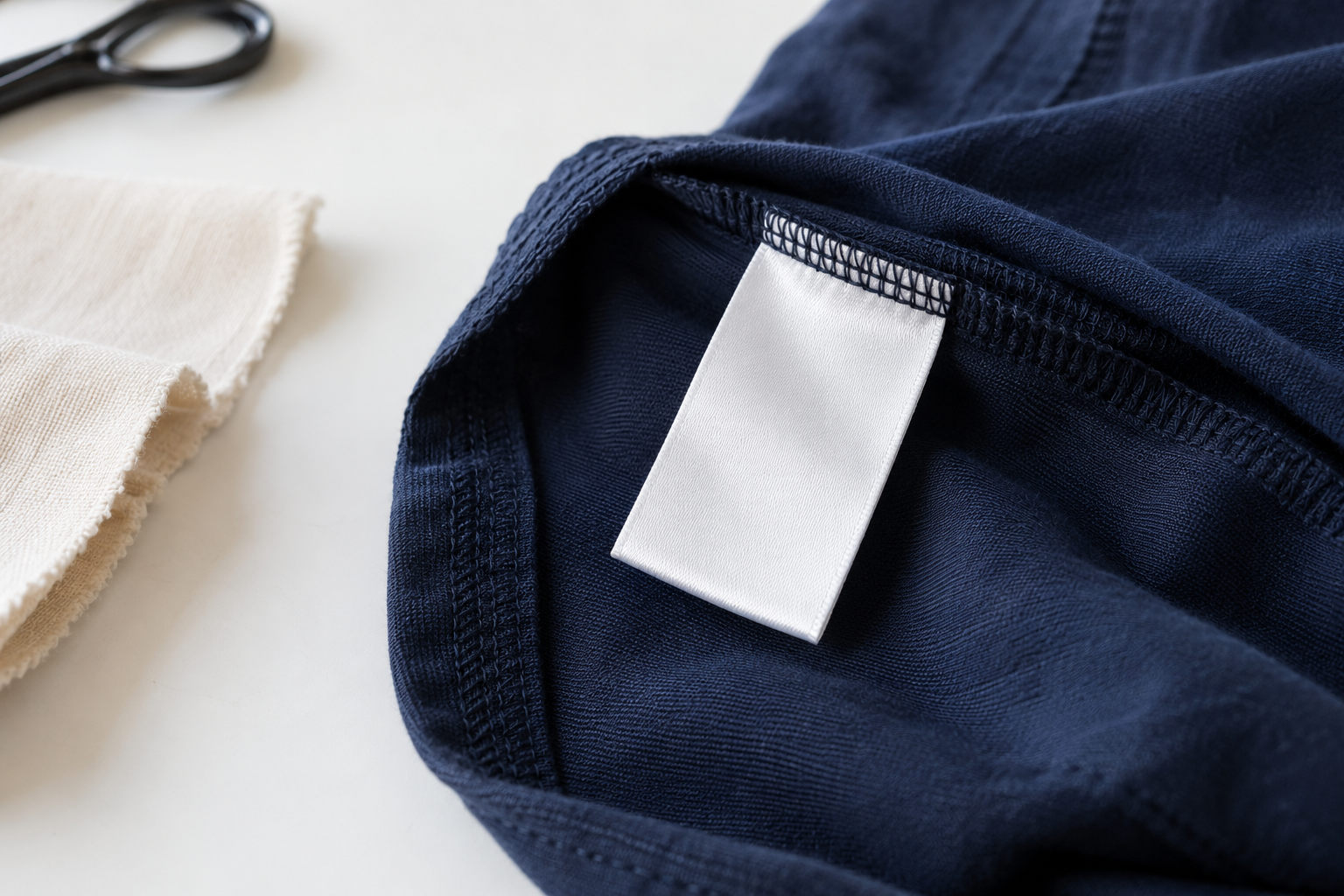 White satin label sewn into a navy garment beside light fabric swatches