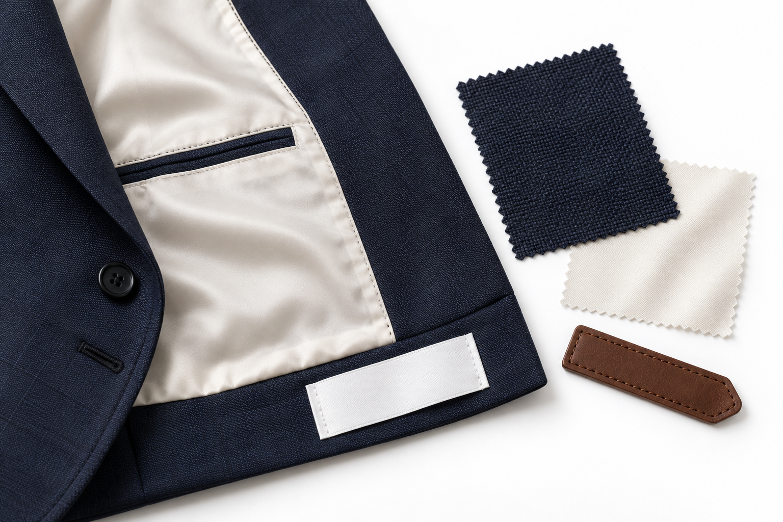 Open navy jacket with ivory lining, fabric swatches, a brown trim tab and a blank label