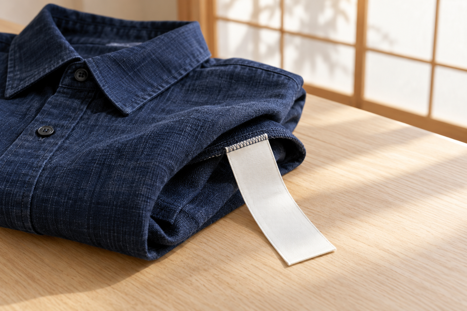 Folded indigo shirt with a blank care label on a pale wooden table beside a shoji screen.