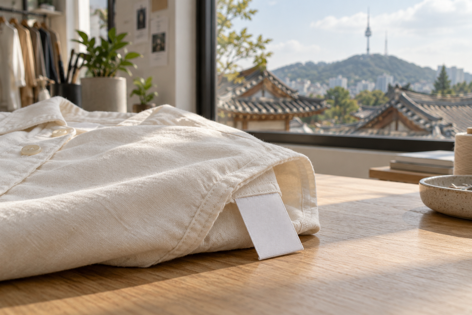 Ivory shirt with a blank care label beside a window overlooking Korean hanok rooftops and N Seoul Tower.