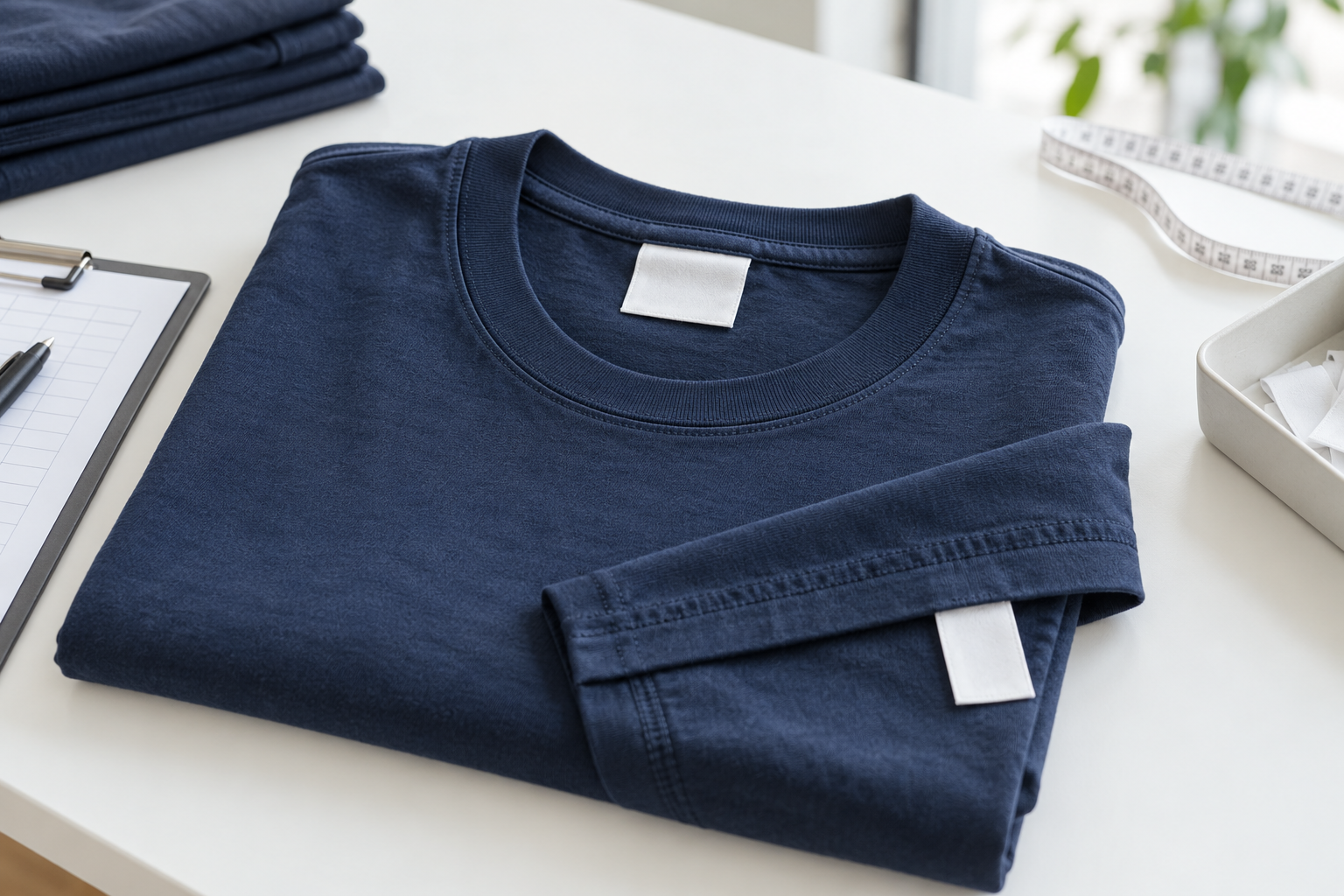 Folded navy shirt with two blank labels on a bright garment inspection table.