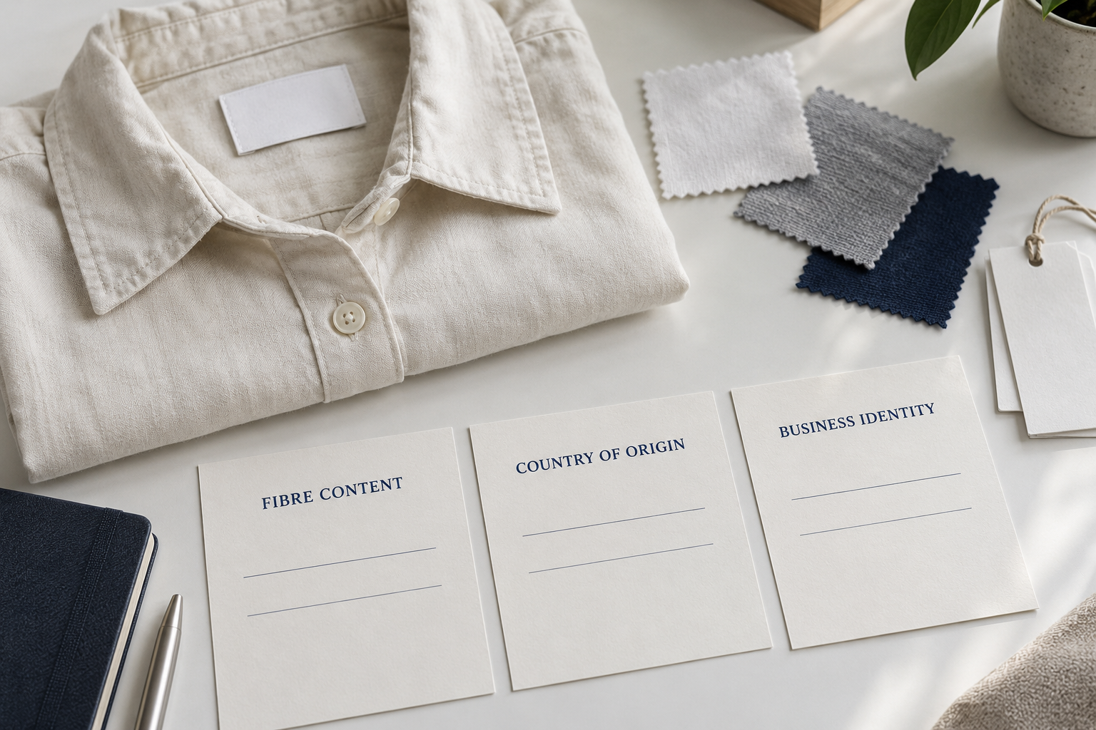Cream cotton shirt, fabric swatches and cards headed Fibre Content, Country of Origin and Business Identity.